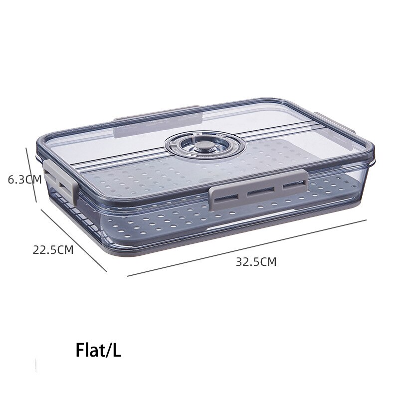 Timekeeping Refrigerator Food Storage Box with Lid Thickened PET Plastic Storage Containers Fruit Egg Vegetable Meat Fresh Box: Flat style-Gray-L