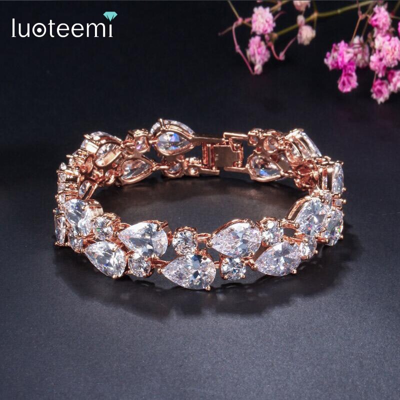 LUOTEEMI Lujo Champagne Oro de Color Claro AAA + Cubic Zirconia Pulsera y Brazaletes para Las Mujeres Elegantes Al Por Mayor Fábrica