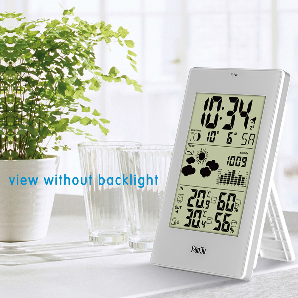 Fanju  fj3352 digitaler schlummerwecker wetterstation mit Barometer prognose temperatur luftfeuchtigkeit kabelloser außensensor