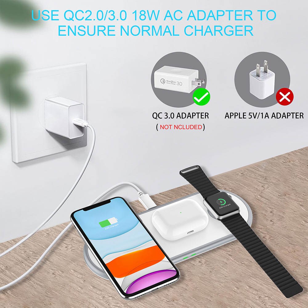 Caricatore Wireless 3 in 1 - Pad Ricarica Rapida 10W per iPhone, Apple Watch, AirPods Pro - Type-C