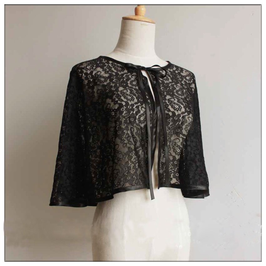 Bolero de encaje de boda para mujer, capa de noche, Bolero, chaquetas de para novia, abrigo: Negro