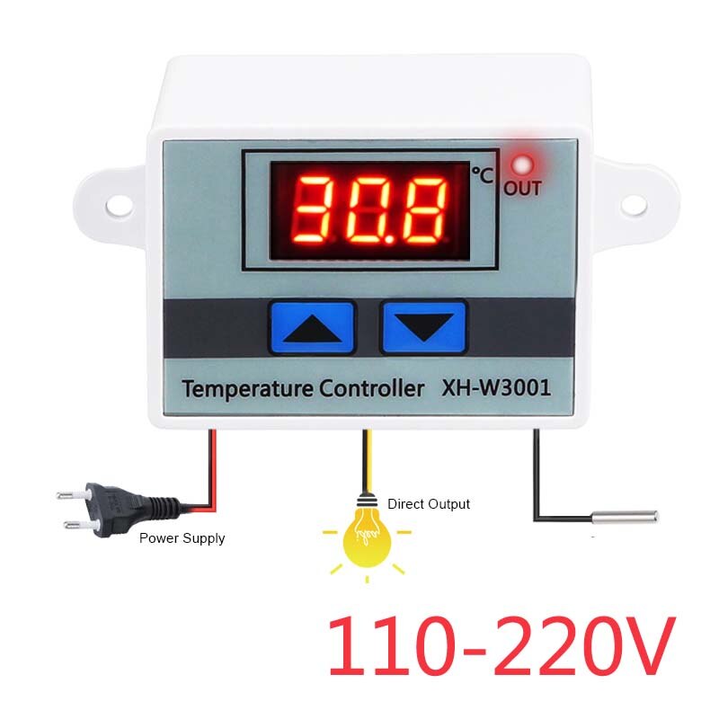 10A 12V 24V 110V 220VAC Digital LED Temperature Controller XH-W3001 For Incubator Cooling Heating Switch Thermostat NTC Sensor: AC 110-220V