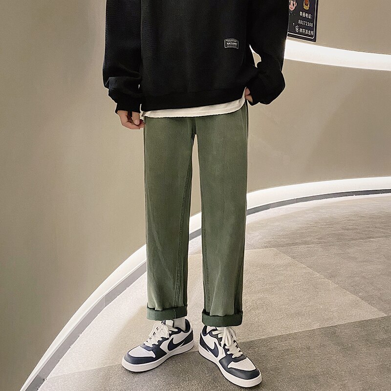 Caqui verde y Beige Jeans de de los hombres holgado Casual Jeans hombres Streetwear suelta Hip-hop, recto de Denim Pantalones ropa para hombre