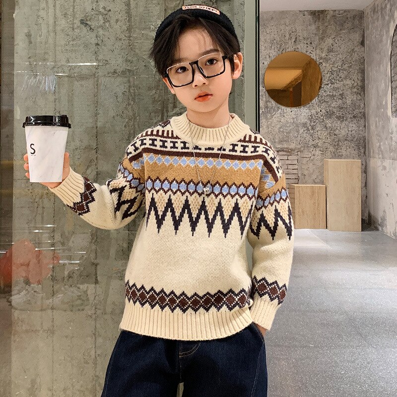 Suéter de algodón con cuello redondo para niños, ropa gruesa de punto para mantener el calor, invierno,