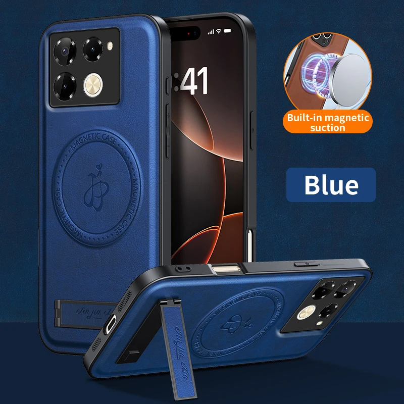 Leather Stand Case for Infinix Note 50 Pro Note50 40 50 40i Magnetic Cover Magsafe Wireless Charging Shockproof Camera Shell: Wood / Blue