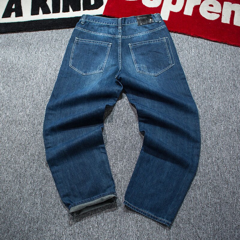 Herr vår höst vida ben baggy jeans byxor herr blå raka jeans hip hop lösa långa jeans byxor man plus size 42 44 46