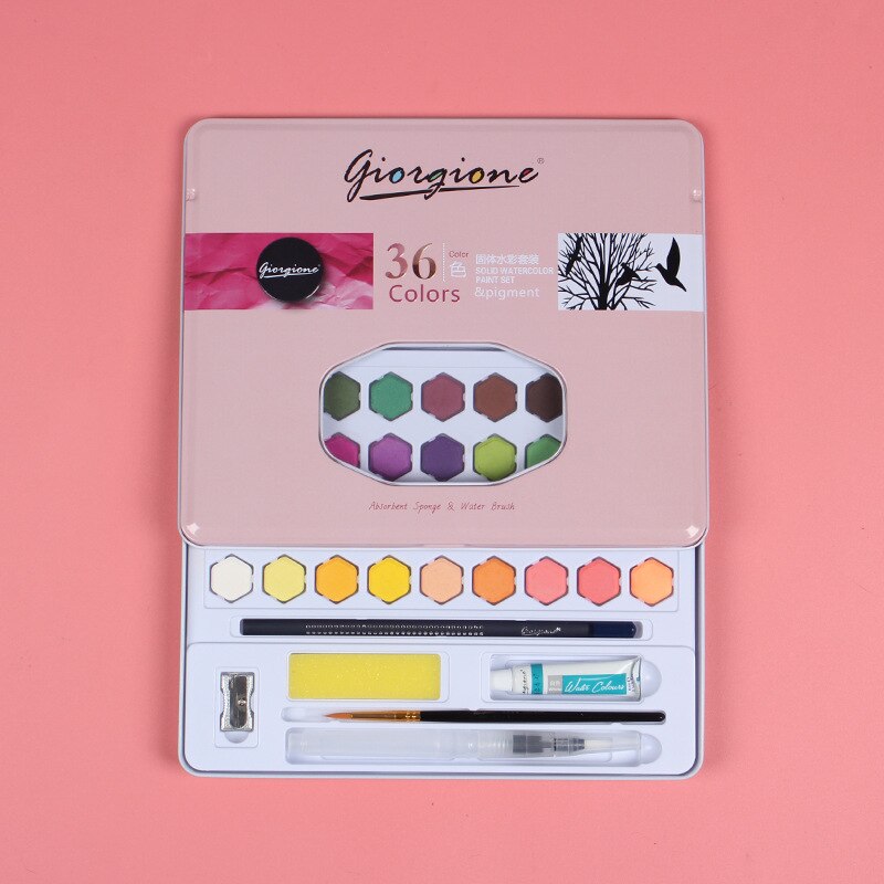 36/48 Kleuren Aquarel Palet Tin Set Met Water Borstel Aquarel Veld Schets Sets Professionele Kunst Schilderen Leveringen: 36 color-Pink tin