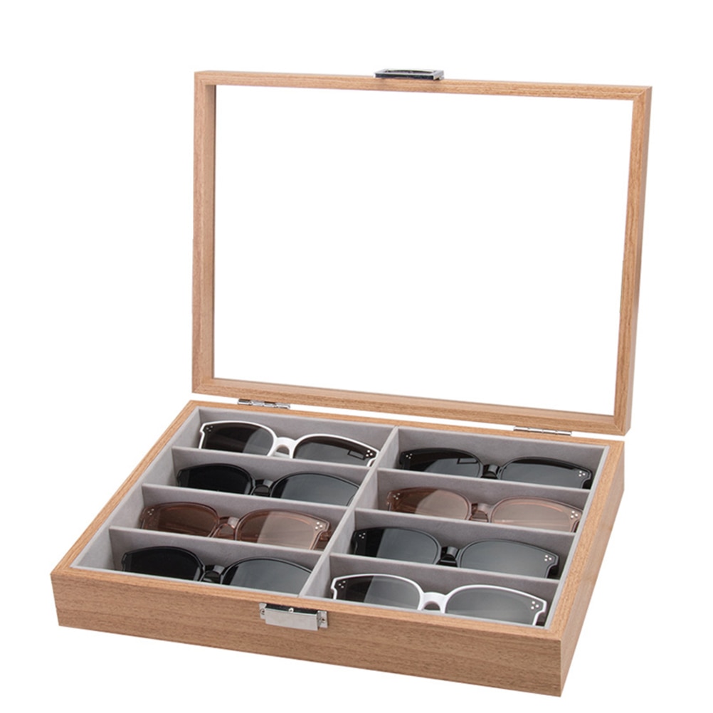 8 Slot Wooden Eyeglass Box Sunglass Storage Container Inner Felt Pad Glasses Display Case Transparent Glass Window