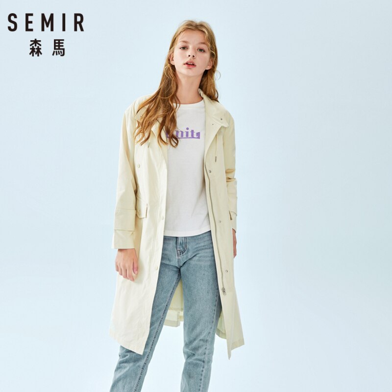 Semir kvinder lang jakke snøre stand-up krave kvinder lang trenchcoat med lomme til forårets efterår