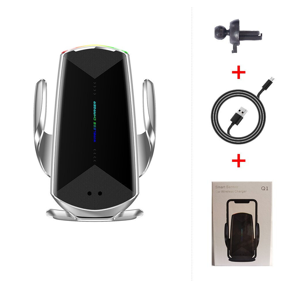 Qi Car Wireless Charger 15W Automatic Clamp Quick Charge foriphone 11 pro forHuawei P40 pro Mate30 pro Infrared Sensor Holder: Silver