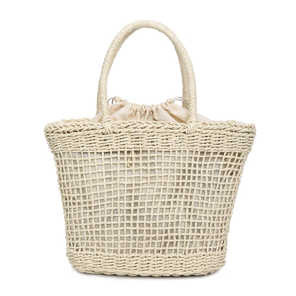 Women Hollow Retro Handbag Straw Woven Tote Large Capacity Summer Beach Shoulder Bag Party Shopping Best -WT: White