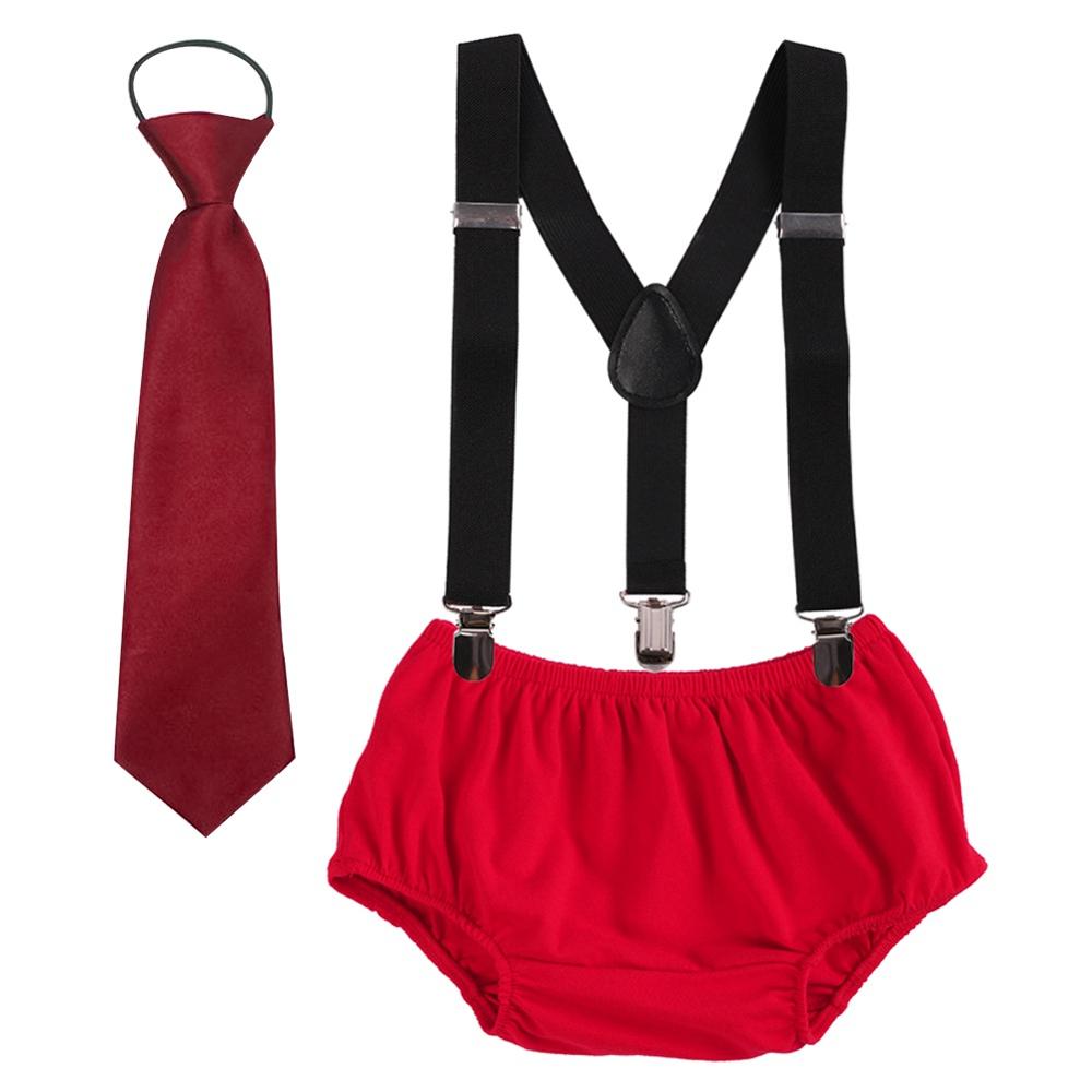 Vêtements pour bébé garçon et fille, tenue de fête d'anniversaire, short à bretelles et cravate, mignon, 3 pièces, pour séance Photo: Red E