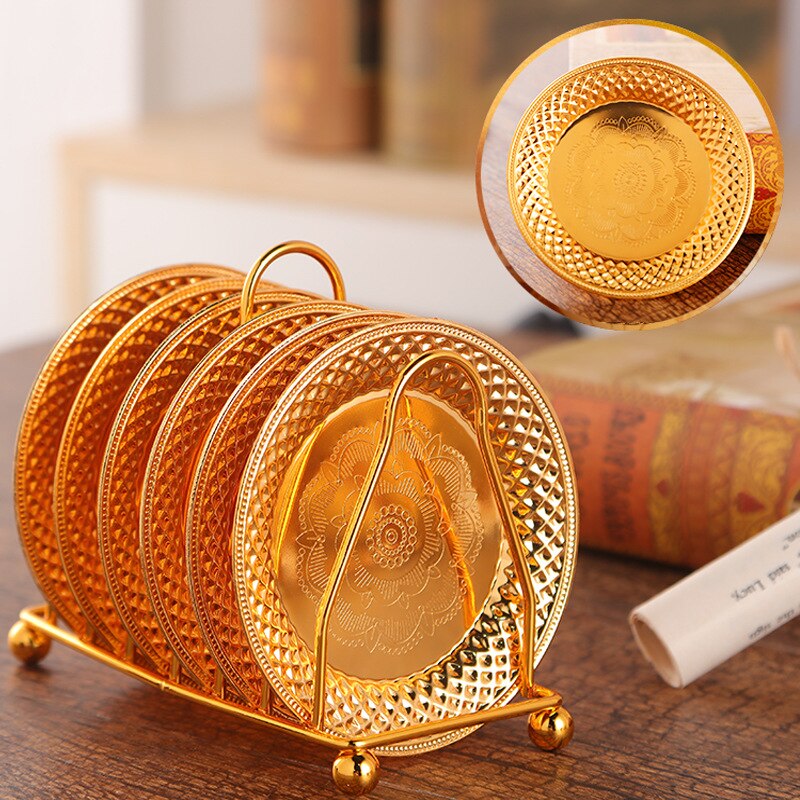 6pc Classical Golden Cocktail Metal Coaster Continental Vintage Zinc Alloy Plated Gold Plated Mat placemat diameter 10.5cm: Golden diamond
