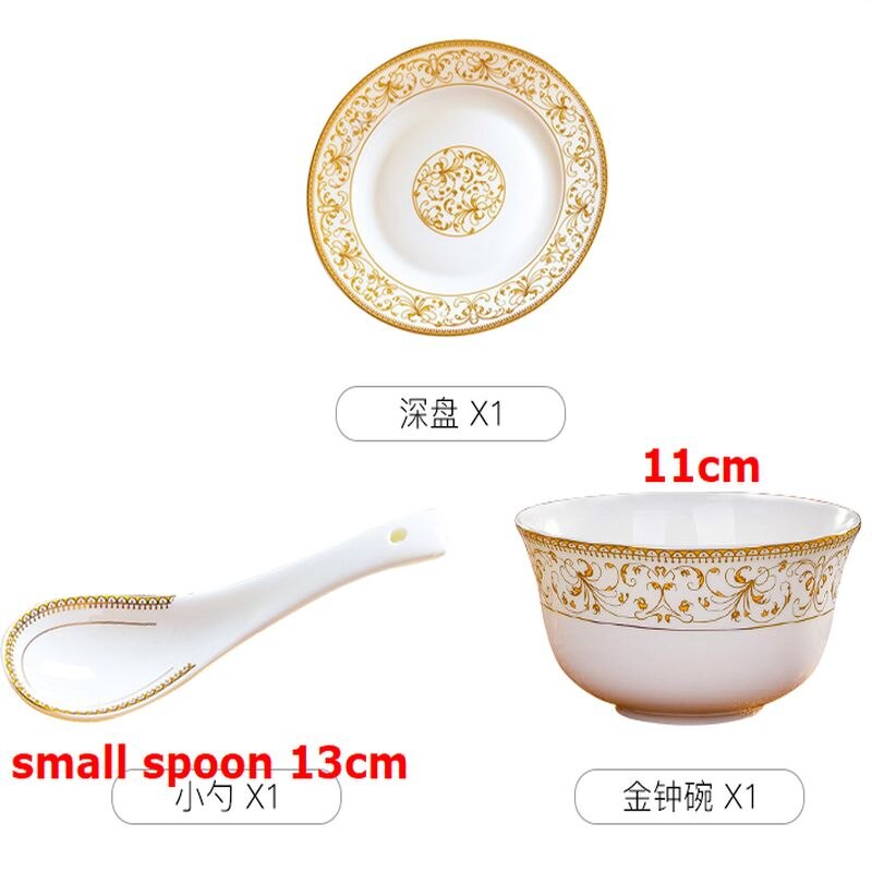 White Ceramic Tableware with Golden Floral Luxury Dinner Set Plates and Dishes Dinnerware Ceramic Bowls and Plates Spoon: 3pcs set