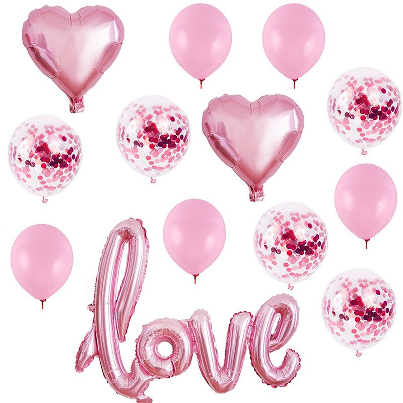 Large Siamese Love Balloon Set Valentine Day 12-inch Sequin Balloon Combination Wedding Decoration Round Confetti Latex Balloon: Pink