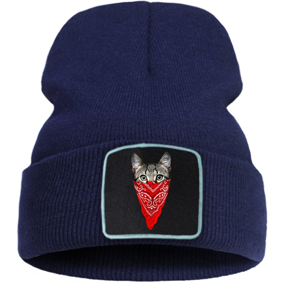Harajuku djur katt huva keps sport unisex hip hop stickade mössor utomhus casual mössa mössa enfärgad skullies kepsar: Mörkblå 6