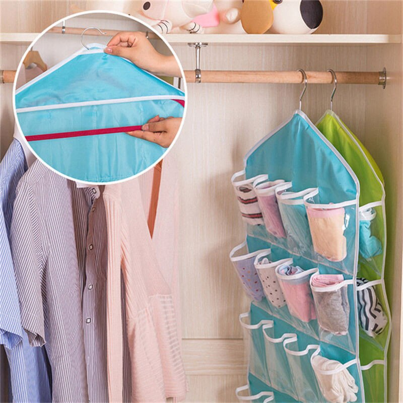 Rack Storage Closet Wardrobe Hanging Shelf Organizer 16 Pockets for Clothes Sock Hanging Organizers