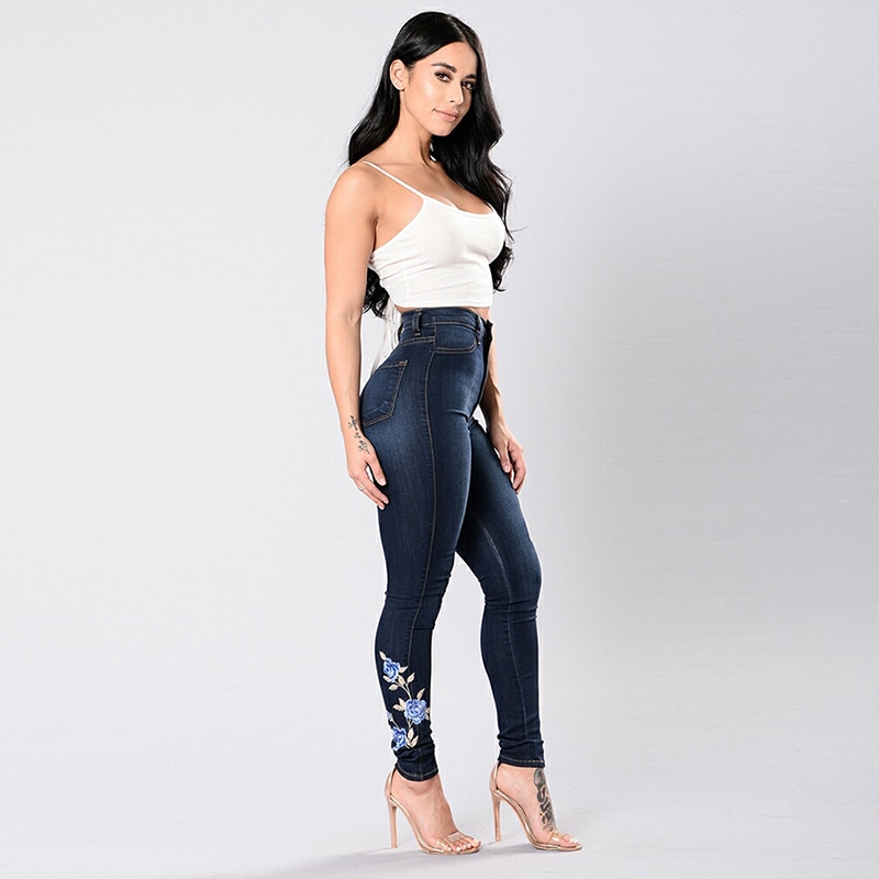 Jean brodé Stretch pour Femme élastique bleu fleur jean Femme crayon Denim Pantalon Rose motif Pantalon Femme