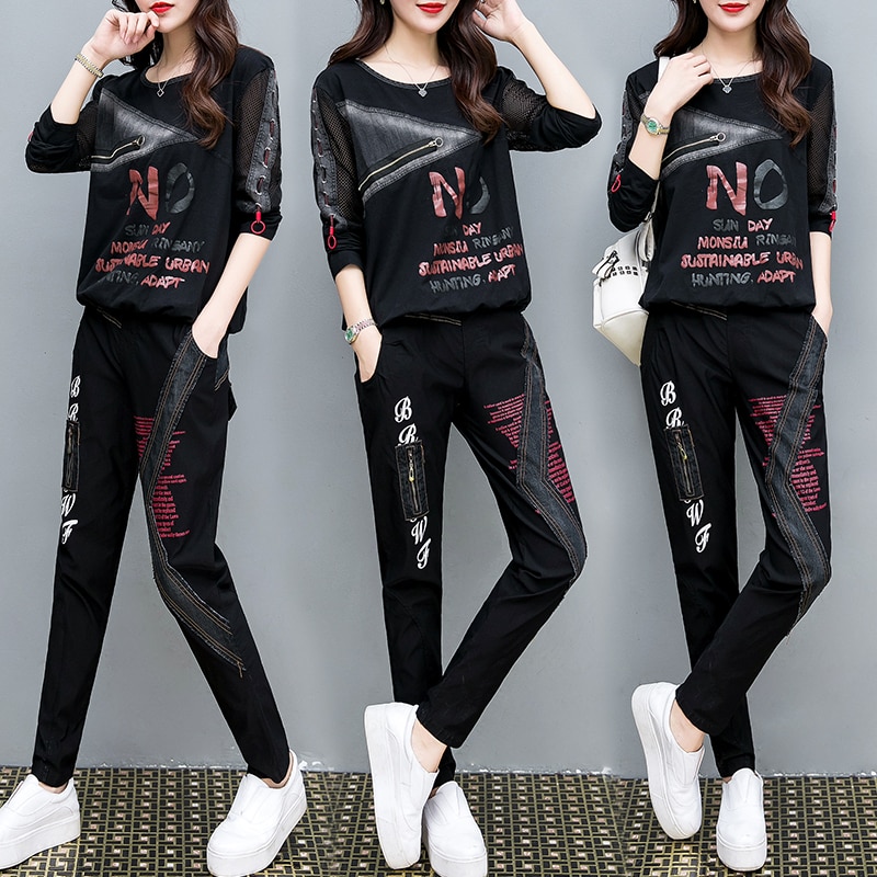 Tracksuit For Women Autumn Loose Large Size Crop Tops+Denim Pants Suit Female Casual Plus Size Two Piece Sets M-4XL