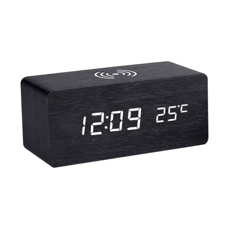 Wood LED Digital Alarm Clock With Phone Wireless Charging Pad Snooze Function Sound Control Adjustable Brightness Alarm Clock: A