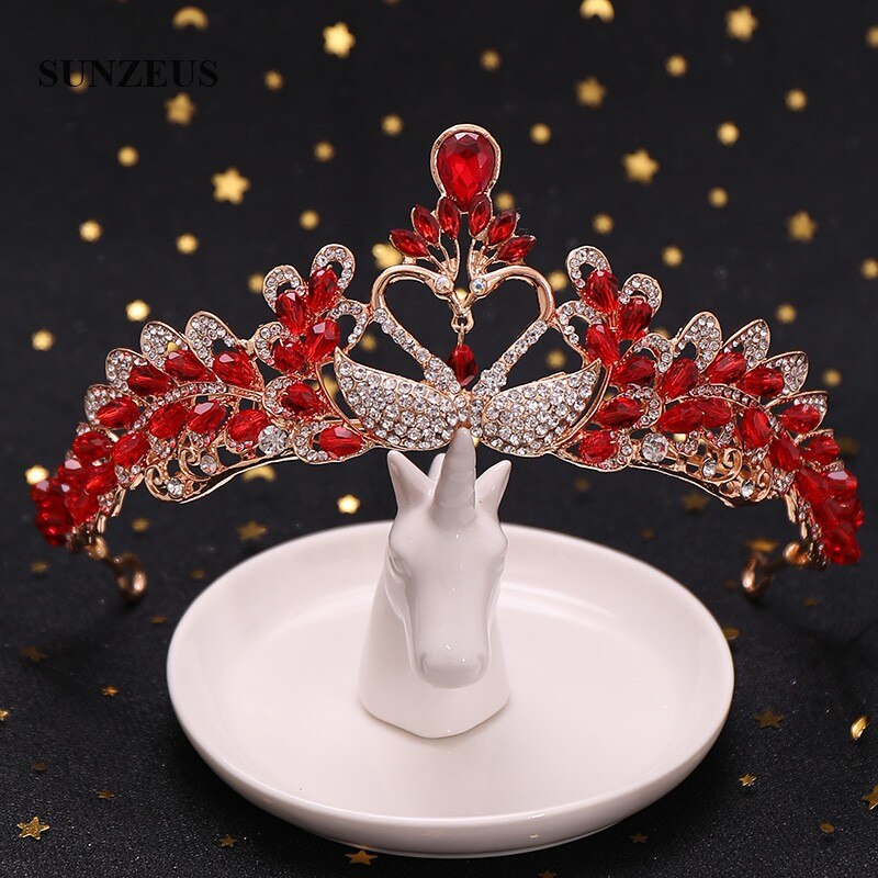 Chinese Red Children Party Crowns Crystals Beaded Swans Wedding Tiaras For Kids Flower Girl Head Accessory SQ452