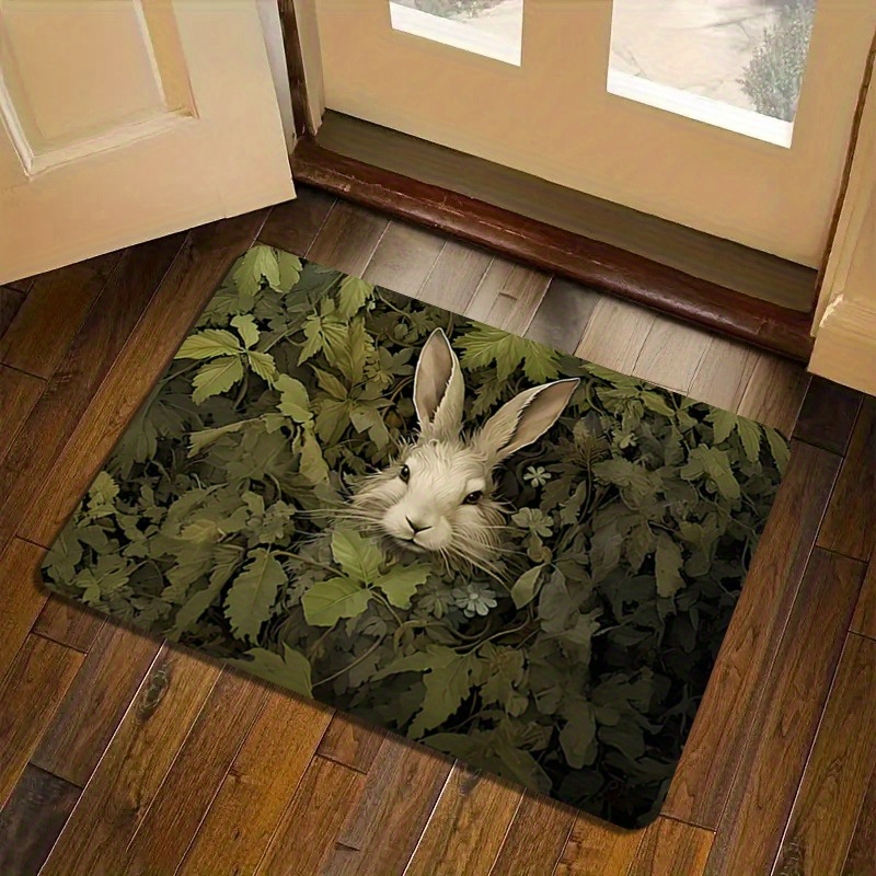 Magisch bosdierkleed – polyester mat met konijnenprint voor woonkamer, slaapkamer en entree, duurzaam laagpolig groen woondecoratie