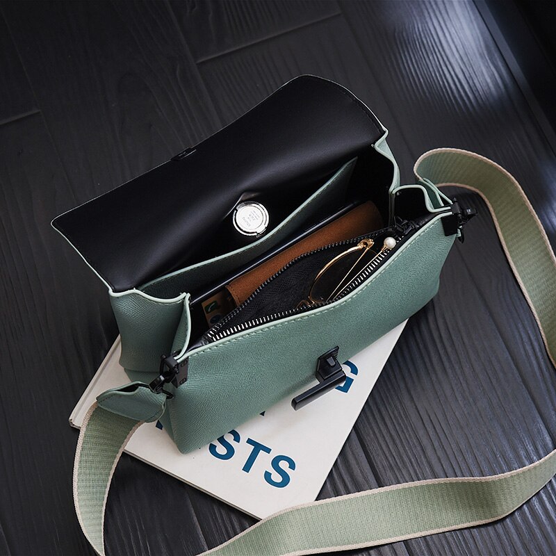 Solid color Flap Crossbody bag High Leather Women's Handbag Wide Shoulder strap Shoulder Messenger Bag