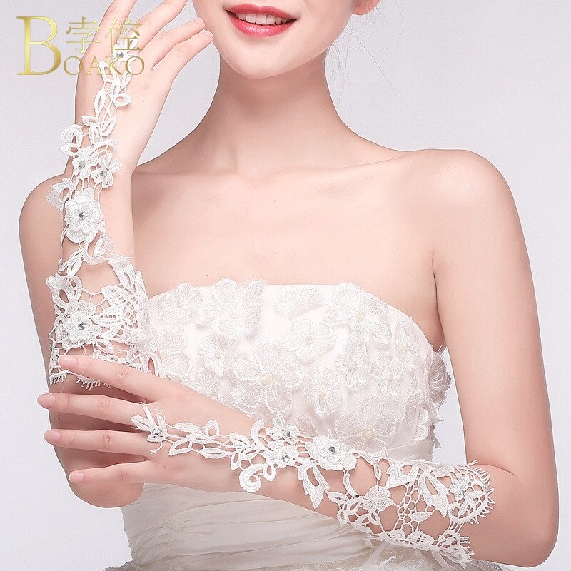 Lange Bruiloft Handschoenen Ivoor Witte Bruids Handschoenen Meisje Party Vingerloze Kant Handschoen Dames Bloem Guantes Bruiloft Accessoires K5