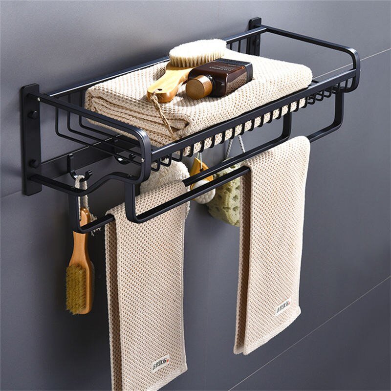 Towel Rack Aluminum Wall Mounted Nail Punched Towel Holder Black Matte Towel Hanger Bathroom Accessories Bath Hardware 57cm