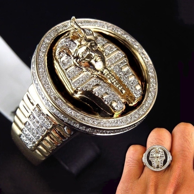 Fdlk Klassieke Vintage Koning Van Egypte Ring Trendy Luxe Mannelijke Goud Dubbele Kleur Ring Accessoires Sieraden Voor Mannen Best