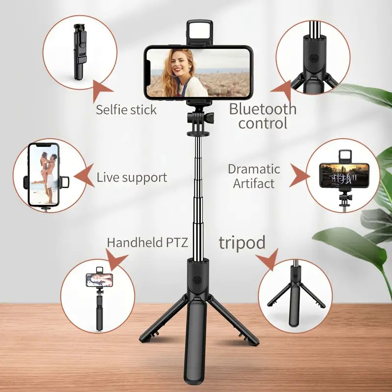 Selfie Stick per selfie con treppiede portatile espandibile tutto in uno per iPhone con telecomando con telecomando wireless BT staccabile compatibile