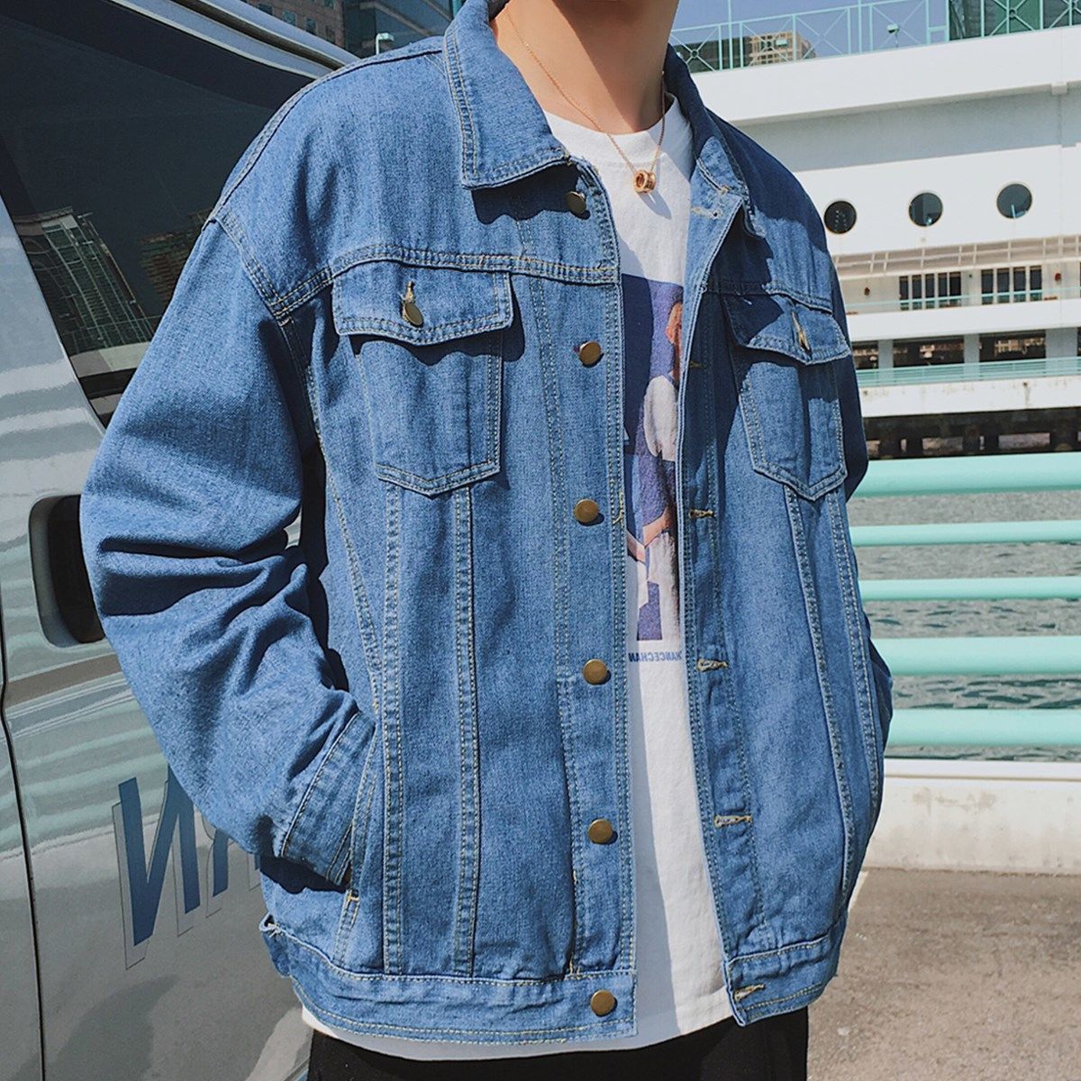 Jakker herre denim solid casual langermet hip-hop løs streetwear trendy chic all-match chaqueta herrejakke retro enkel: Blå / Xxxl