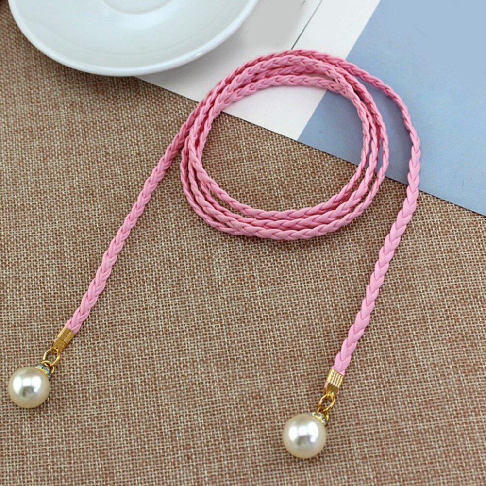 Thin Braid Women Belt Woven Tassel Pearl Waist Strap Boho Girls Waistband Waist Rope Waist Belts For Dress Accessories: Pink