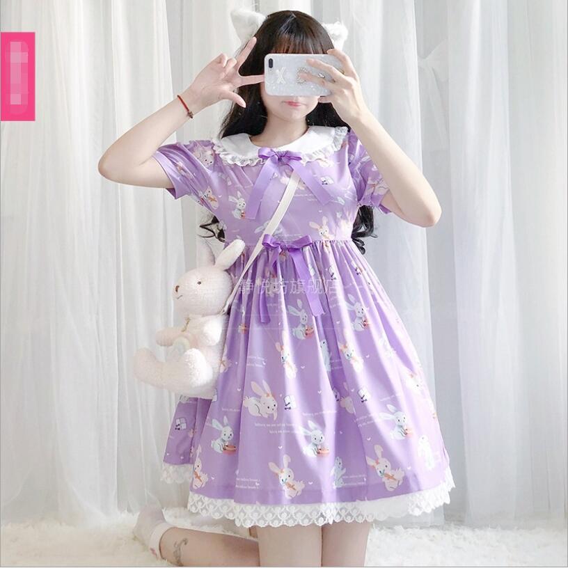 Vestido de verano de manga corta con estampado de conejito para chica mori, estilo lolita, estilo gótico vintage, estilo adolescente, estilo kawaii, para fiesta de té, estilo princesa loli.