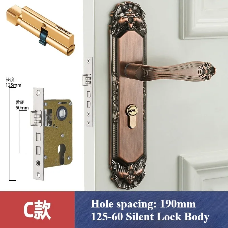 Cerradura de manija de puerta Retro de estilo europeo, cerradura Interior Vintage de aleación de aluminio para dormitorio, cerraduras de puerta de seguridad antirrobo para habitación del hogar: Multicolor