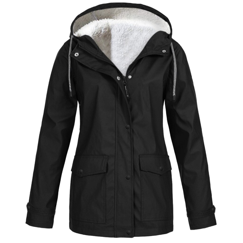 Vrouwen Pluche Jassen Winterjas Jas Vrouwen Outdoor Solid Jacket Plus Size Waterdichte Hooded Regenjas Windjack Lichtgewicht: Black / XXXL