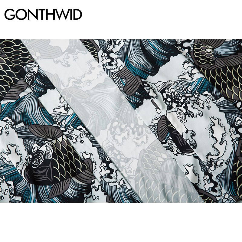 GONTHWID styl japońnarty karp Koi ryby Seawaves drukuj kardigan kimono koszule męskie zwykły otwarte przednie kurtki płaszcze topy znosić
