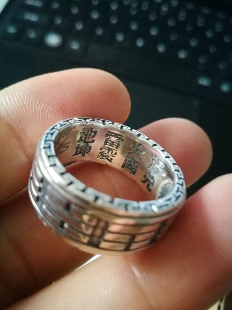 925 Puur Zilver Intime Taoïstische Yin Yang Vis Taiji Bagua Ring Rotatie Breed Retro Dominante Mannelijke