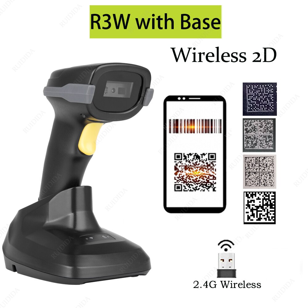 Draadloze Qr Barcode Reader Draagbare Bar Code Scanner Wired 2d Scanner Voor Bar Codes Bluetooth 2D Barcod Reader Leitor De código: R3W with Base