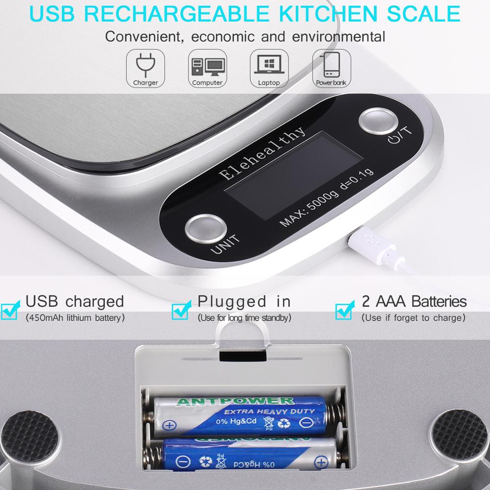 Balanza de cocina electrónica USB de precisión de acero inoxidable, balanza para alimentos, 0,1/1 gramos, herramientas de cocina y hogar