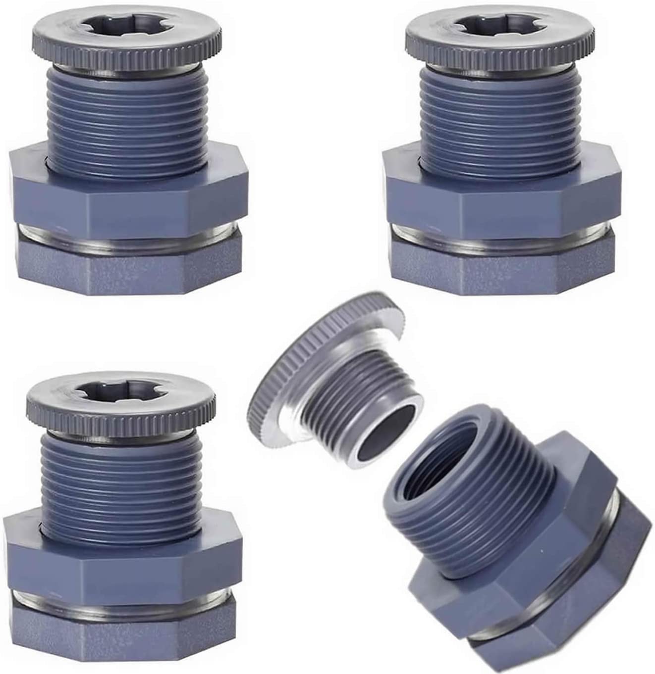 4 Pieces PVC Bulkhead Fitting with Plugs for Rain Barrels, Water Tanks, Pools (3/4 Inch+4 Mm Thick Silicon Seal Gaskett, Grey)