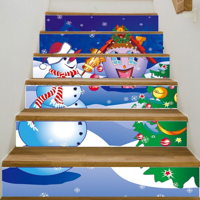 6 Stuks/set SLT024 Cartoon Kerst Sneeuwpop 3D Simulatie Trap Plakken Waterdicht Stap Decoratieve Muur Pasta Home