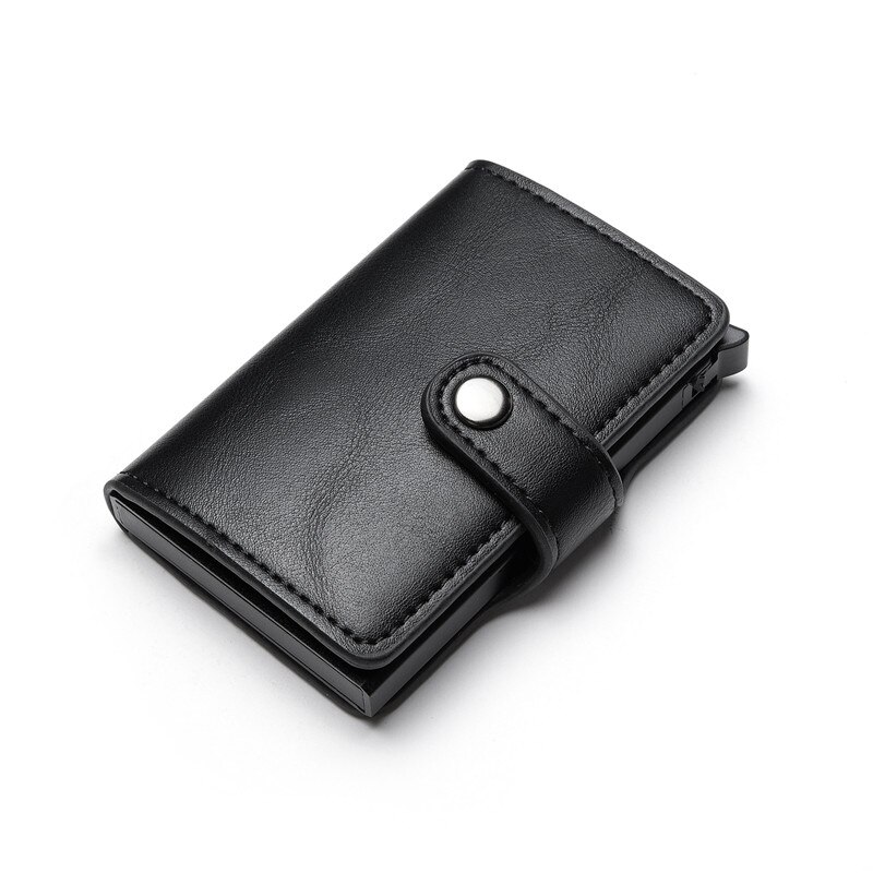 BISI GORO Smart Wallet Card Case Metal RFID Anti Theft Brush Aluminum Box Card Holder Men and Women PU Leather Casual Purse: Black YM015