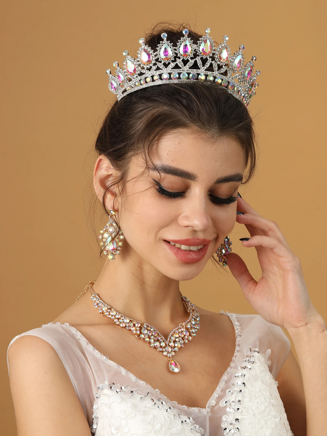 Barokke Kristal Strass Bruidssieraden Sets voor Vrouwen Trouwjurk Kroon Oorbel Tiara Ketting Set Prom Bruid Sieraden Sets: Zilver