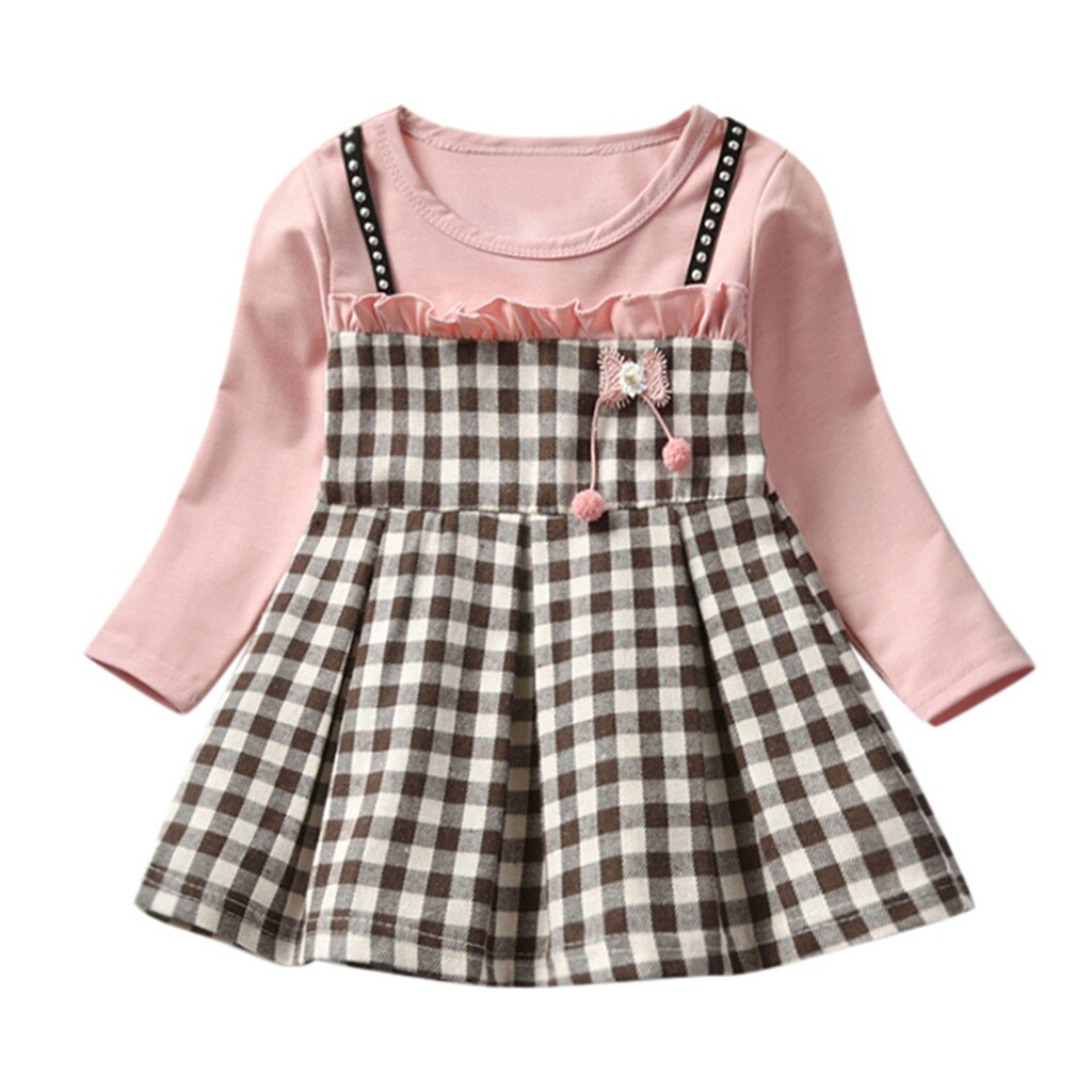 Baby Kids Girls Dress Long Sleeve Ruched Plaid Patchwork Strap Faux Twinset Princess Dress Clothes Toddler Kids Dresses For Girl: Pink / 12M