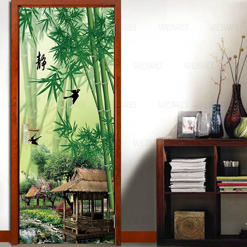 3D Door Decoration Wallpaper Modern Chinese Green Bamboo Pavilion Door Stickers Self-adhesive Waterproof Poster Mural