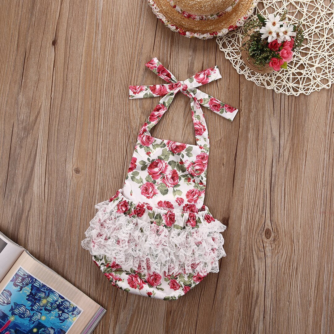 Hi Hi Baby Store 0-24M Newborn Baby Kids Girls Body Rose Flower Lace Jumpsuit Sleeveless Outfits Set