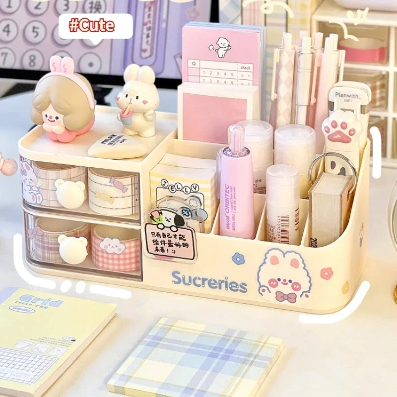 Kawaii caixa de armazenamento de mesa organizador bonito urso lidar com gaveta tipo organizador de mesa multi-grade caneta titular com adesivos kawaii