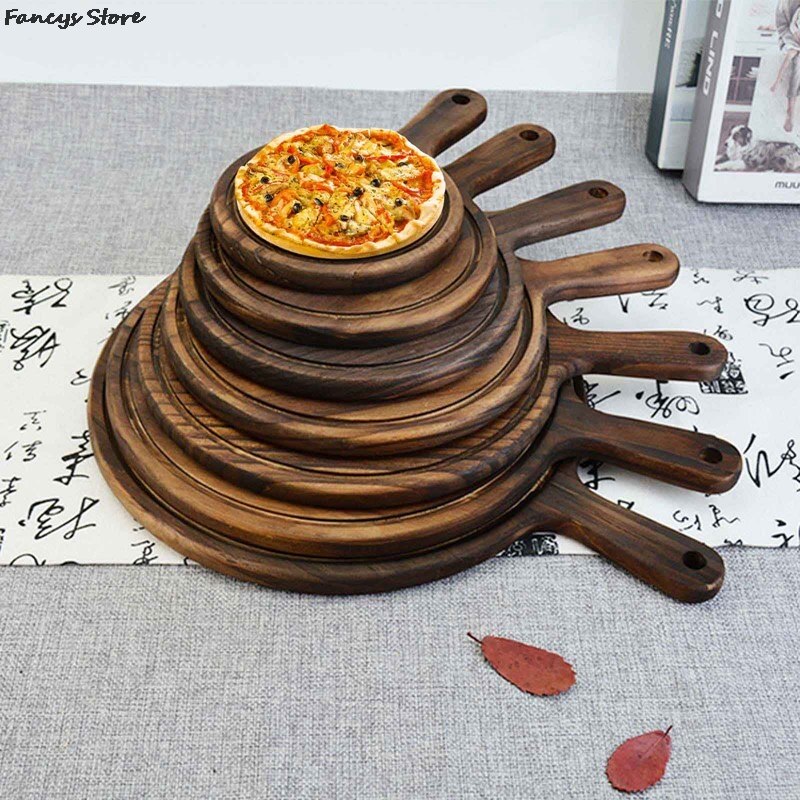 Multi-Size Houten Ronde Lade Barbecue Westerse Steak Plaat Massief Houten Pizza Plaat-Brandende Kleur Dessert Diner Plaat servies