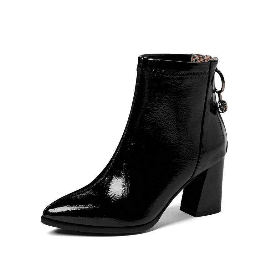 QUTAA Crystal Zipper puntiagudo Toe botines PU cuero Otoño Invierno mujeres zapatos cuadrado tacón alto botas cortas tamaño 34-43: Black / 9